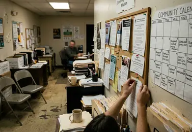 Organization office with mission displays taped beside a crowded bulletin board pins visible, some crooked