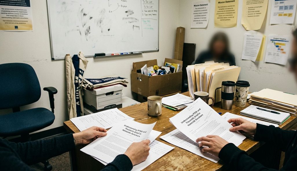 Organization office with mission displays taped near a shared desk, showing printed drafts titled “Understanding