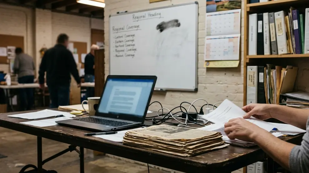Volunteer workspace or project site with folding tables, stacked press clippings, and a laptop open